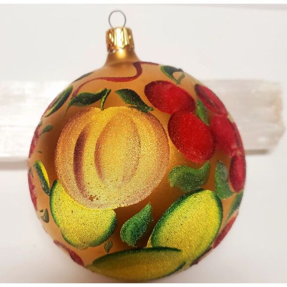Hand Painted Ornament 4"Brassy Gold Jewel Tone Fruits Flocked Texture w/ Sparkle - Picture 2 of 14